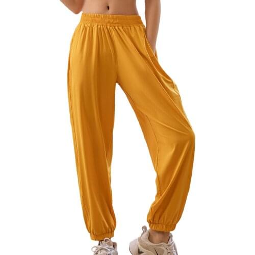 Women Sports Pants Solid Color Middle Waist Elastic Loose Ankle-Length Slacks With Pockets For Girls