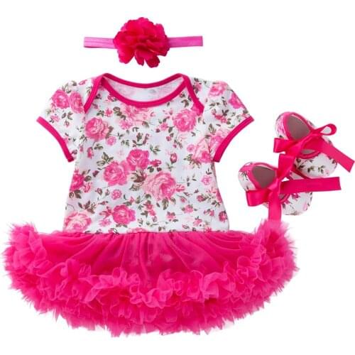 Baby Girls Short Sleeve 100% Cotton Red Flowers Rompers+Flowers Turban+Shoes 3PCS Clothing Sets Rompers Summer Clothing Set