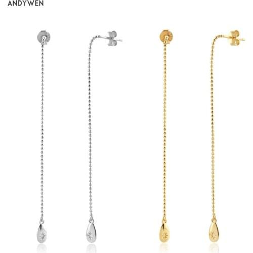 ANDYWEN 925 Sterling Silver Gold Beads Chain Ovals Long Chain Beads Piercing Gold Pendientes Women Luxury Fine Jewelry Clips