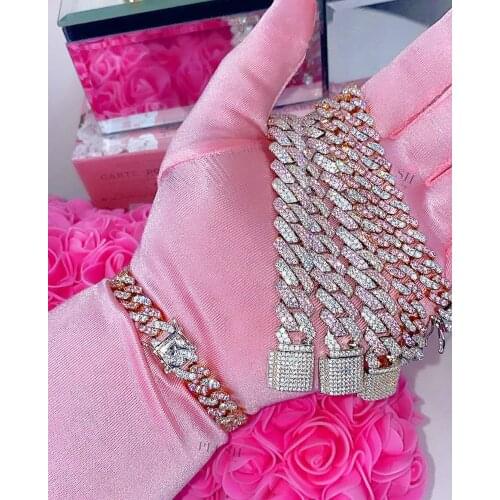 New 9mm white band Cuban Link pink cz Chains Necklace Fashion Hiphop Jewelry 17cm 19cm Iced Out bracelet bangle For women men