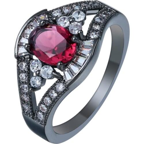 Hainon Red Oval Crystal Ring for Women Simple Style Engagement Finger Black Gold/Silver Color Ring Fashion Wedding Rings Jewelry