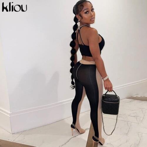 Kliou Mesh Patchwork Foot Leggings Skinny Body-Shaping Medium Waist Street Style Female Fashion Sexy Hipster High Street Trouser