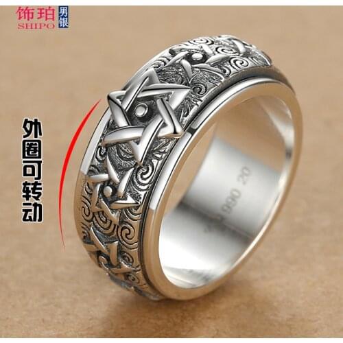 Rotable /99 solid silver ring mens sterling silver retro domineering six-man star tai silver closing ring