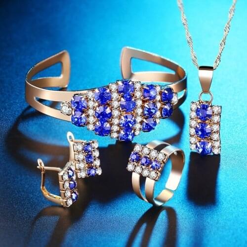 Exquisite Crystal Zircon Jewelry Sets for Women Square Pendant Necklaces Earrings Ring Bracelet Set