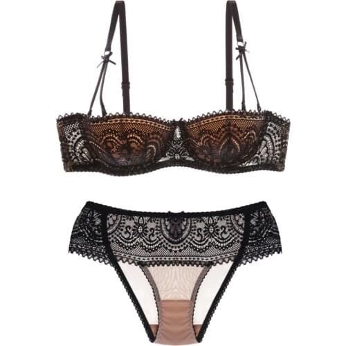 1/2 cup cotton thin cup bra set full lace sexy push up lingerie suits plus big size black A-E 32-38 dress women underwear panty