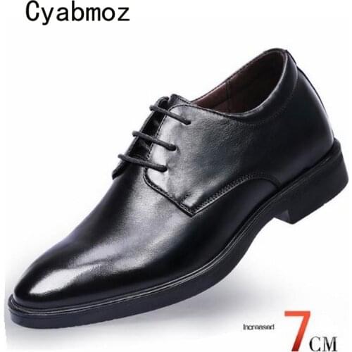 Cyabmoz Men Genuine leather Height Increasing Shoes Invisibly 7cm Hidden Heels Elevator Lace up Party Man Business Dress Shoes