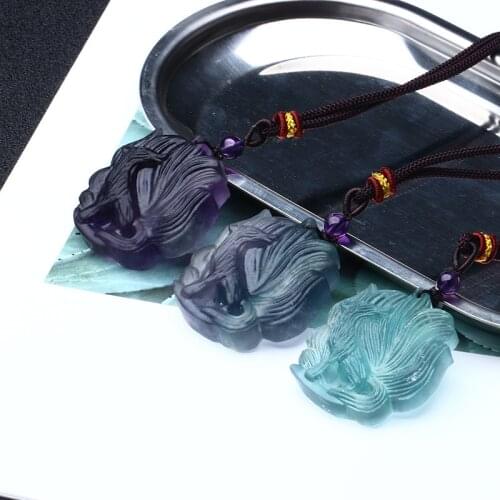 Natural Fluorite Stripe Engraved Nine-tailed Fox Pendant Carved Reiki Healing Lucky Necklaces Rope Chain Women Men
