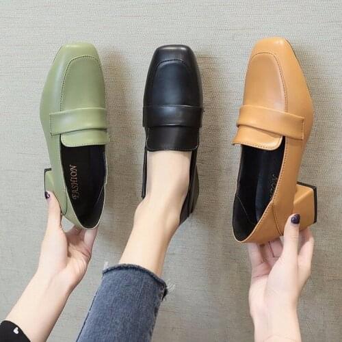 2020 New Women Shoes Woman Fashion Thick High Heels Slip on Casual Shoes Belt Buckle Square Toe Solid PU Leather Oxford Shoes