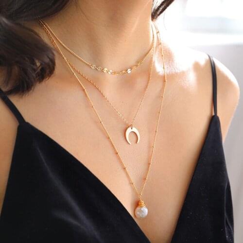 Handmade Gold Moon Small Circle Coin Pendant Necklaces for Women Multi-layers Twisted Alloy Irregular Pearl Chokers Necklace