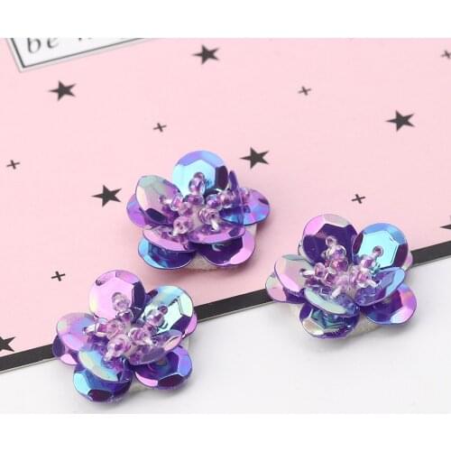 5 PCs Plastic & Cotton Appliqued Patches Sequined AB Color Blue Purple DIY Craft Flower Shape Garment Accessory 1.2*1.2cm 2*2cm