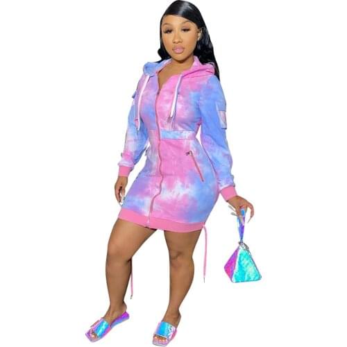 Casual Tie Dye Print Knit Rib Mini Women Dress Lounge wear Streetwear Zipper Long Sleeve Pockets with Cap Hoodie Dress for Women