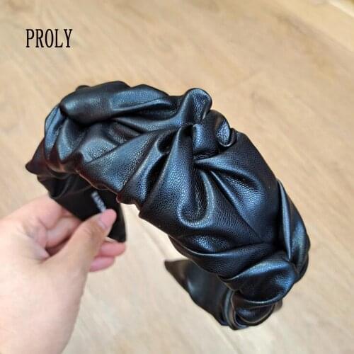 PROLY New Fashion Women Hair Accessories Wide Side Pleated Artificial Leather Headband Casual Solid Hairband Adult Headwear