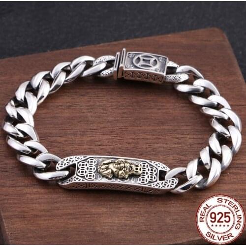 Real 100% 925 Sterling Thai Silver Mens Bracelet Chinese Auspicious Lucky Pixiu Coin Chain Bracelets Fine Jewelry Trendy Gifts