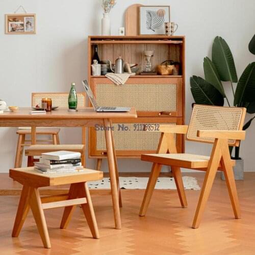 Nordic rattan solid wood chair simple household modern cherry wood back dining chair Japanese style ancient furniture makeup cha