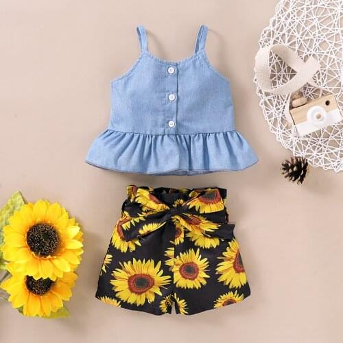 Synner Kid Girl Clothes Set Sunflower Two Piece Suits Round Neck Sleeveless Camisole Sunflower Printed Short Pants