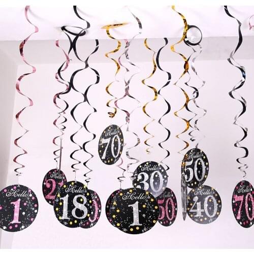 6 pcs PVC spiral happy birthday swirl 18 21 30 40 50 60 70 years old pendant birthday party decoratio background layout supplies