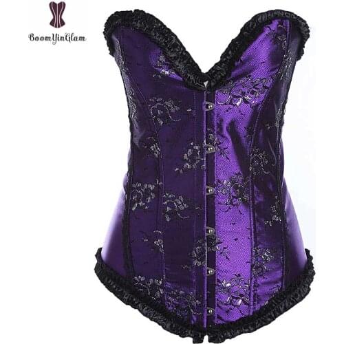 Jacquard Floral Corset Overbust Korset Lace Trimmer Gothic Gorset Fish Boned Waist Slimming Bustier Front Busk Sexy Outfit Korse