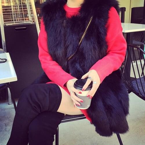 2020 autumn winter women elegant black faux fur vests sleeveless fake fox fur jackets medium long slim waistcoat A299