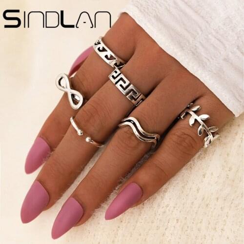 Sindlan 6Pcs Simple Geometric Silver-Color Leaf Wave Rings for Women Boho Smooth Rune Female Joint Finger Cool Gift Set Jewelry
