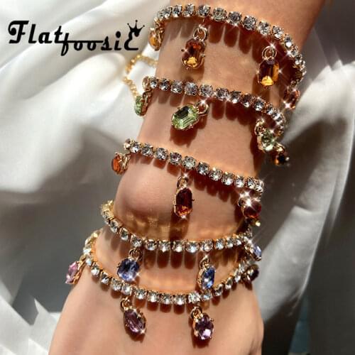 Flatfoosie Fashion Square Rhinestone Charm Bracelet for Women Gold Color Crystal Tennis Chain Bracelet New Design Jewelry Gift
