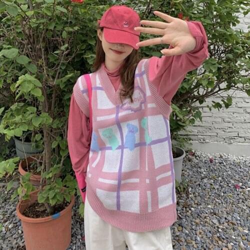 Women Y2K Plaid Knitwear Sleeveless V Neck Sweaters sweet Preppy Style Pullovers Tops student Cute Fashion Casual Streetwear