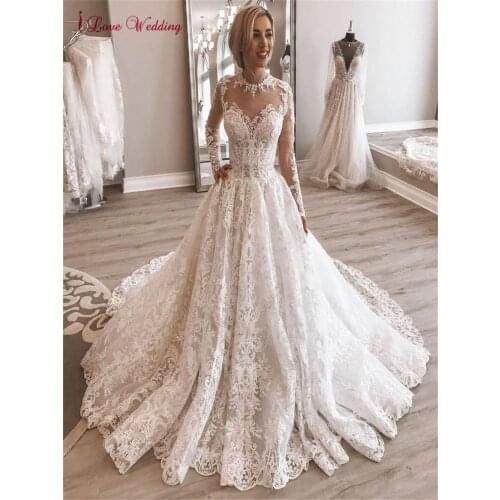 Vestidos De Novia Lace Wedding Dress 3D Applique Pattern O Neck Sheer Tulle Long Sleeves Vintage Wedding Gowns for Women 2021