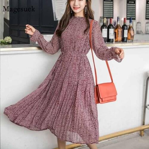 Women Pleated Fashion Spring A-line Long Dress Stand Collar Floral Print 2020 Elegant Chiffon Dress Full Sleeve Dresses 3603 50