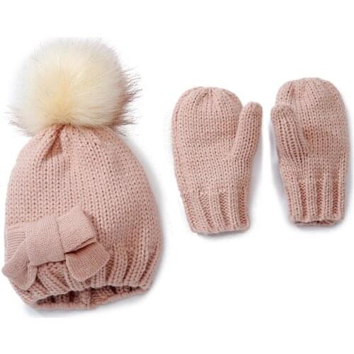 Winter Kids Hat and Gloves 2 Piece Set Toddler Baby Girl Hat Skullies Beanies Fur Balls Bow Warm Knitted Children Hats & Caps