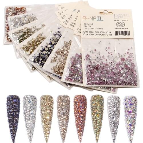 1Bag Mix Sizes Pack Crystal Non Hotfix Flatback Nails Rhinestones For Nails 3D Nail Art Decoration Gemstone 1440Pcs/Set