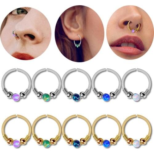 1PC Stainless Steel Opal Nose Ring Septum Piercing Hoop Nariz Indian Nose Ear Piercing Womens Beads Earrings Pierced Jewelry