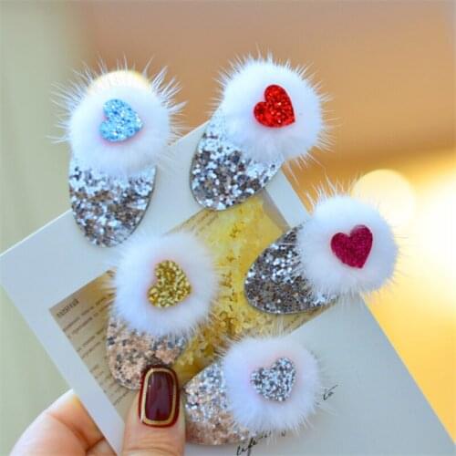10pcs/Lot Faux Mink Fur Geometry Hair Clips Plush Glitter Heart BB Clip Winter Solid Color Barrettes Hair Accessories Bangs Clip