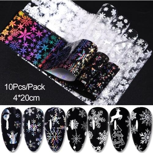 10pcs/pack Christmas Silver Snowflakes Nail Art Foil Transfer Glitter Stickers 3D Nail Art Decals Designer Manicuring Decoration