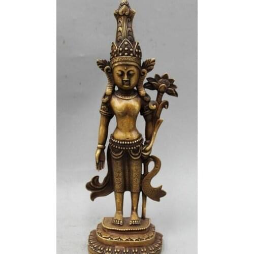 11" Tibet Pure Bronze Buddhism Religion Stand Guanyin Kwan-Yin Goddess Statue