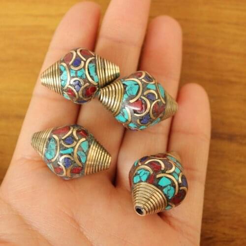 BD228 Nepal Handmade Loose Beads Conch Shape Brass Inlaid Colorful Stone Beads For Jewelry Making 4 PCS Beads Lot