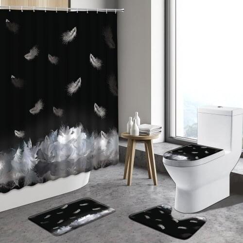 Black Bottom White Feather Shower Curtain Colorful Feathers Home Decor Curtains Bathroom Non-slip Rug Toilet Lid Cover Bath Mats
