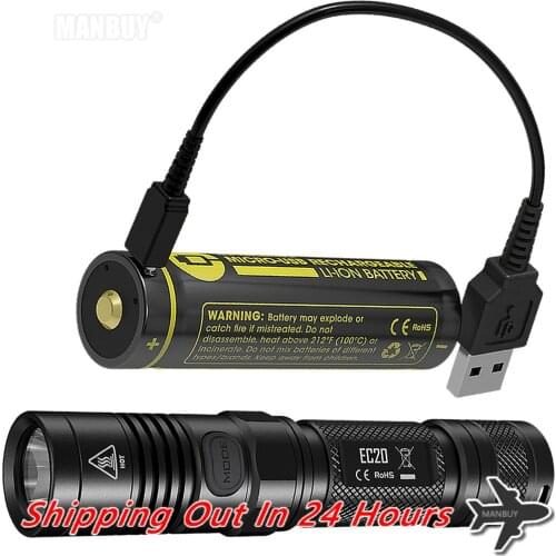 2020 NITECORE EC20 Flashlight + 18650 USB Port Direct Charging Battery + USB Cable Waterproof Torches Outdoor Camping High Power