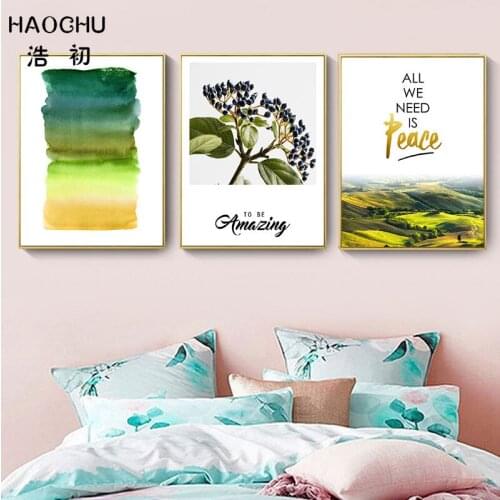 HAOCHU ALL WE NEED IS PEACE Inspirational Landscape Sunflower Grass Autumn Green Canvas Painting Wall Art Decor Poster Unframed