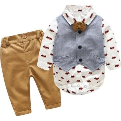 2020 Fashion Infant Clothing Baby Boys Clothes Gentleman Bow Tie Rompers + Vest + Pants 3Pcs Baby Clothing Sets Baby Suit CS88