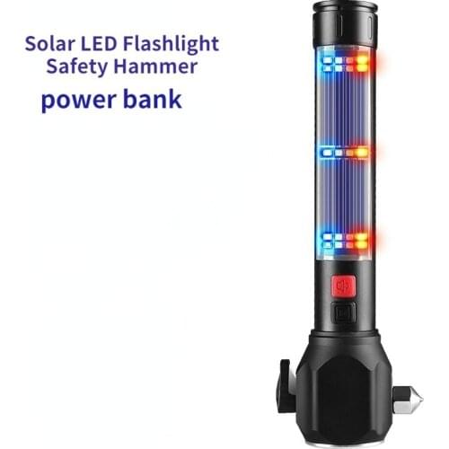 Multi-function LED Fire Flashlight Emergency Light Safety Hammer Solar Recharging Outdoors Compass Survival Tool Camping