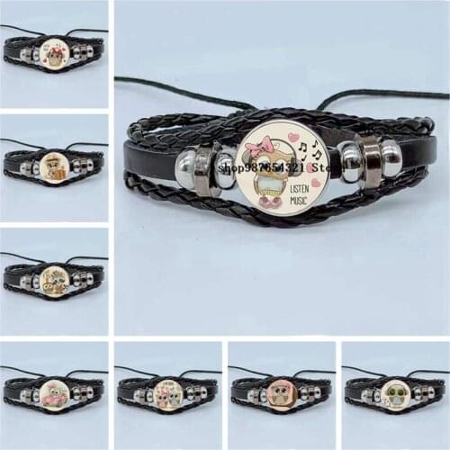 New cute owl cartoon pattern bracelet glass cabochon DIY woven jewelry leather bracelet jewelry childrens gift
