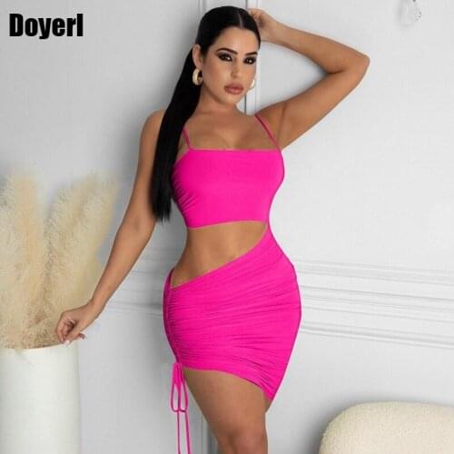 Bodycon Sexy Dress Women Summer Side Cut Out Ruched Drawstring Spaghetti Strap Dress Beach Club Party Dresses for Women 2021