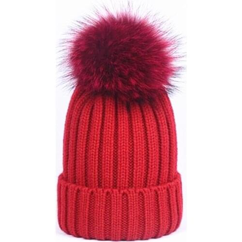 Thick Warm Curled Knitted Hats with Dyed Raccoon Fur Pom pom Men Women Casual Winter Knitting Skullies Beanies Caps