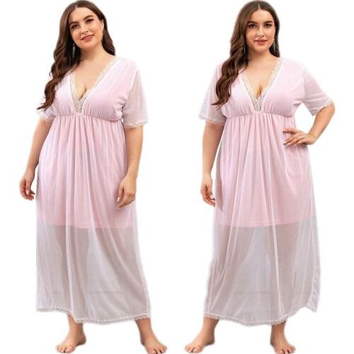 Sexy Women Short Sleeve Sleepwear Summer Lace Mesh Nightgown Long Nightdress Nightie Deep V Neck Night Dress Plus Size Nightwear