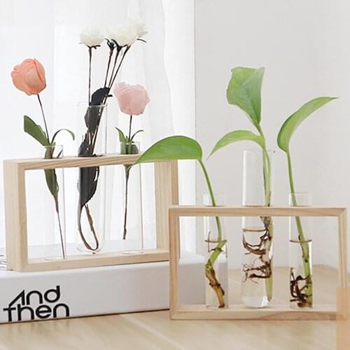 Handmade Home Office Modern Test Tube Planter Hydroponics with Wood Stand Landscape Glass Flower Bud Vase Propagating Terrarium