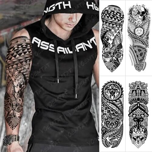 Large Arm Sleeve Tattoo Black Tribe Waterproof Temporary Tatto Sticker Maori Totem Skull Geometry Body Art Full Fake Tatoo Men