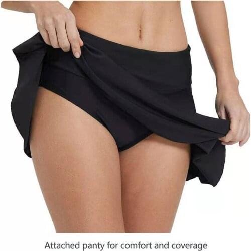 Women Solid Color Full Coverage High Waisted Swimsuit Swimming Tankini Bottoms Athletic A-line Skirt Skort Built-in Bikini Brief