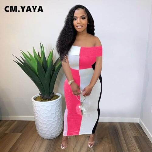 CM.YAYA Women Long Dress Patchwork Off Shoulder Slash Neck Strechy Bodycon Maxi Dresses Sexy Fahsion Streetwear Summer Outfits