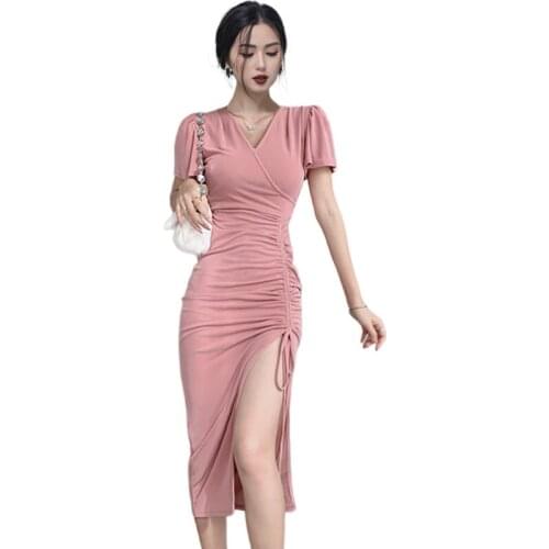 Pink Sexy tight Dress one piece korean ladies Summer Short Sleeve V neck cabaret party bodycon formal Dresses for women