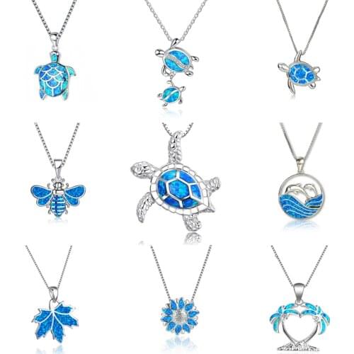 Boho Female Big Butterfly Pendants Necklaces Cute Lovely White Blue Fire Opal Necklace Silver Color Wedding Necklaces For Women