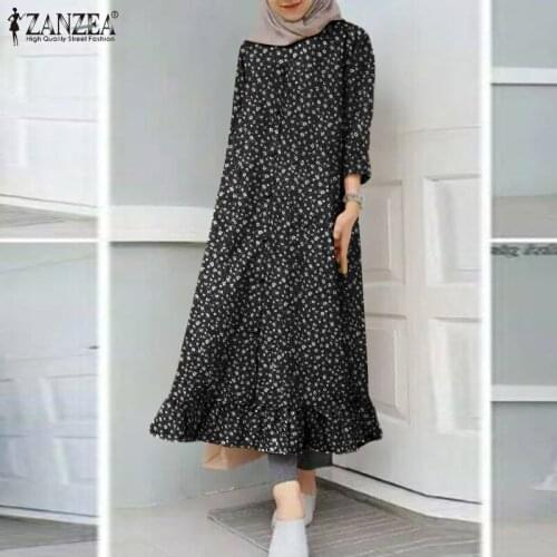 ZANZEA Fashion Women Shirt Dress Autumn Long Sleeve Loose Kaftan Sundress Elegant Print Long Vestidos Robe Femme Muslim Dresses